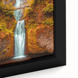 Extra large framed canvas of Multnomah Falls in Oregon, featuring a textured design with vibrant green and blue tones.