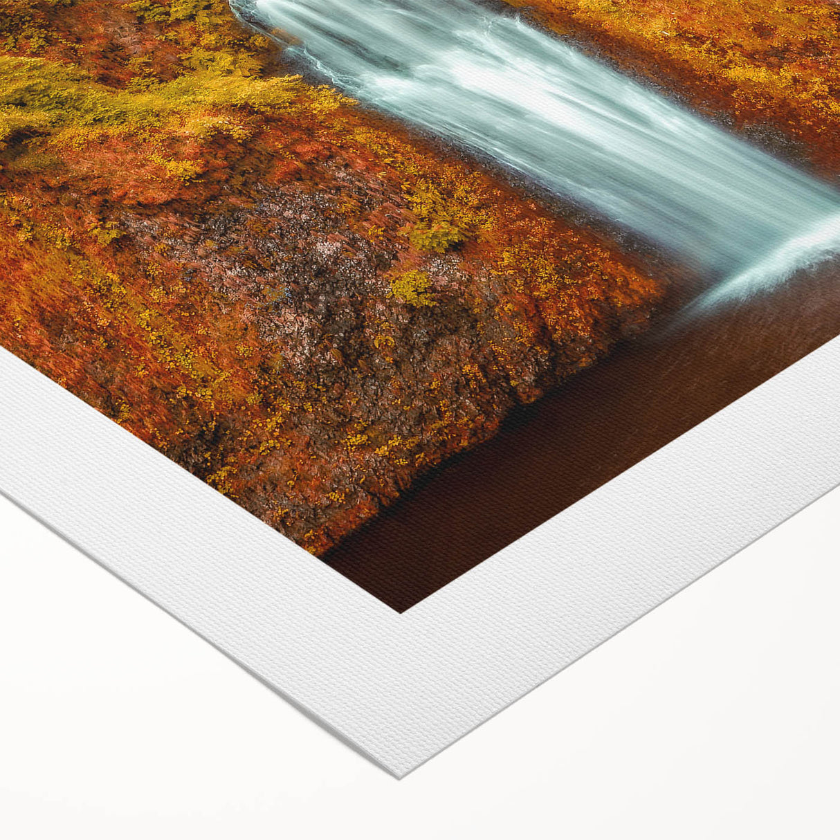 Art deco poster of Multnomah Falls in Oregon, featuring muted green and blue tones on rolled canvas.