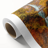 Art Deco style poster of Multnomah Falls in Oregon, featuring soft green and blue tones on rolled canvas.