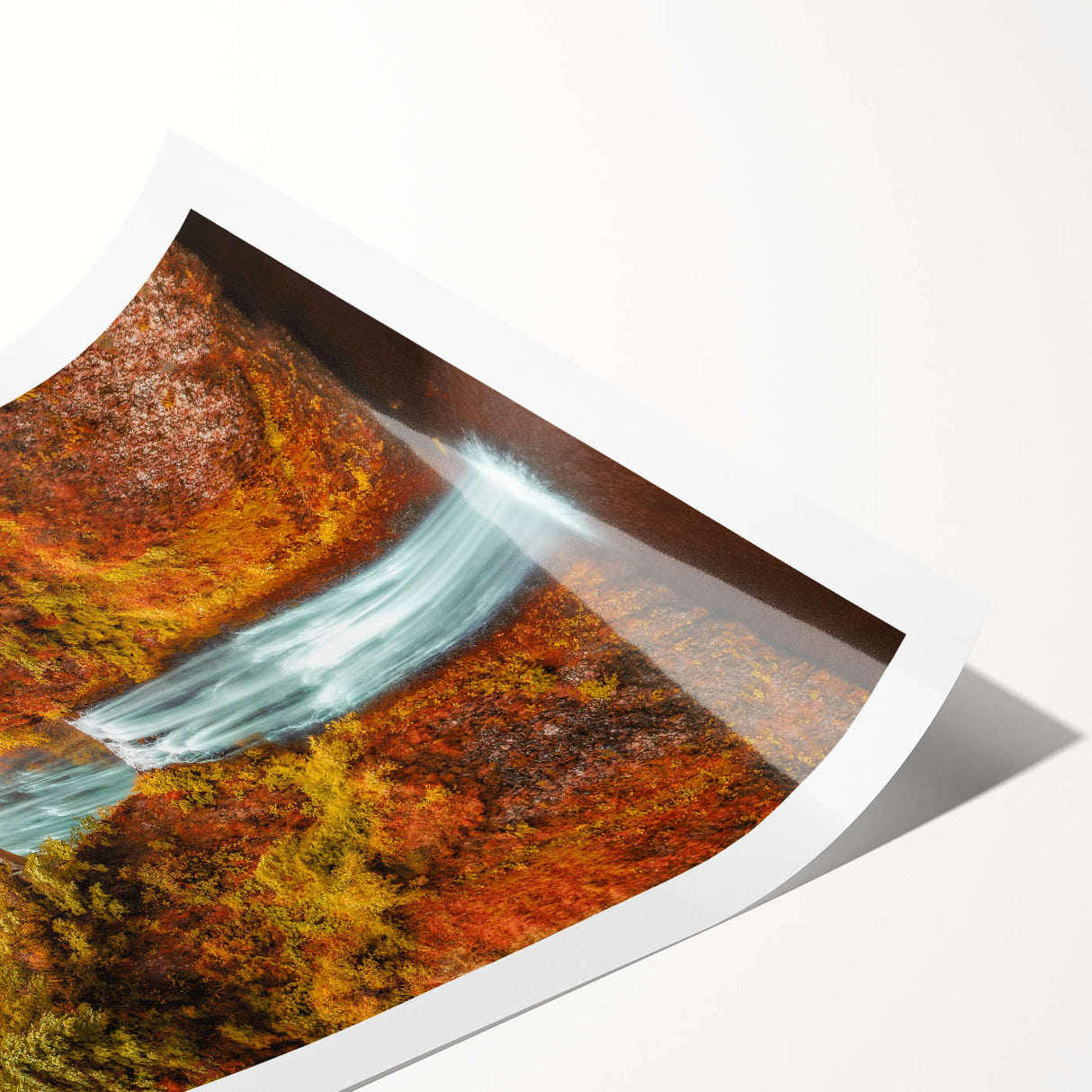 Extra large wall art featuring Multnomah Falls in Oregon, rendered in line art with floral motifs on a rolled print.