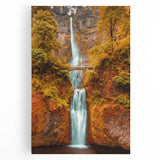 Black and white stretched canvas of Multnomah Falls, ideal for kitchen wall art.