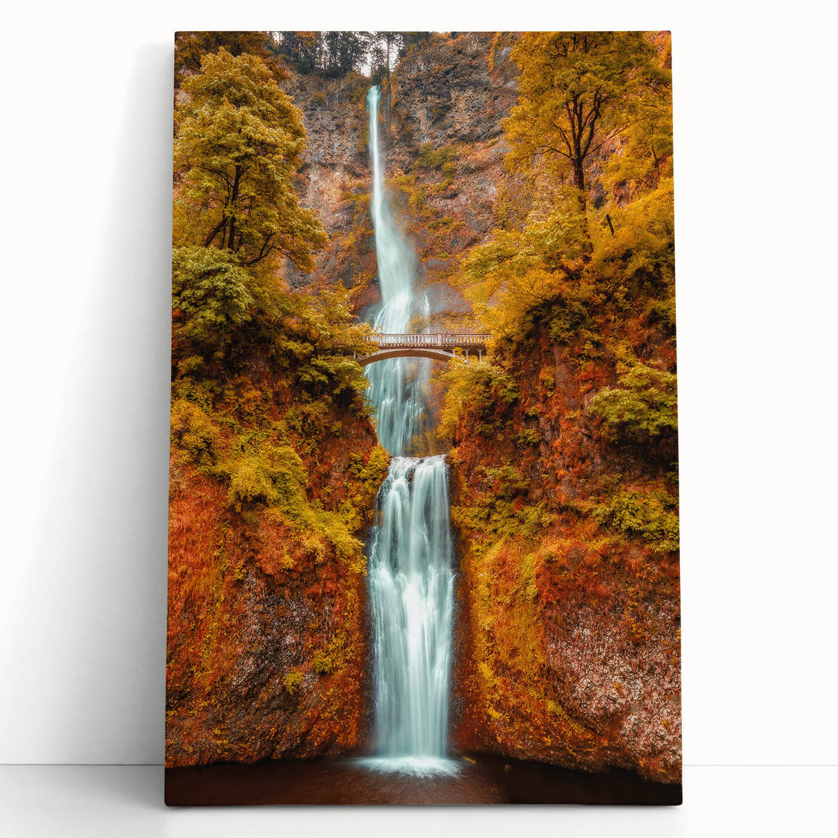 Black and white photo of Multnomah Falls on stretched canvas, ideal for kitchen wall art or bedroom decor.