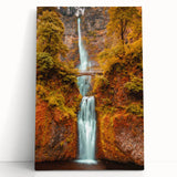 Black and white photo of Multnomah Falls on stretched canvas, ideal for kitchen wall art or bedroom decor.