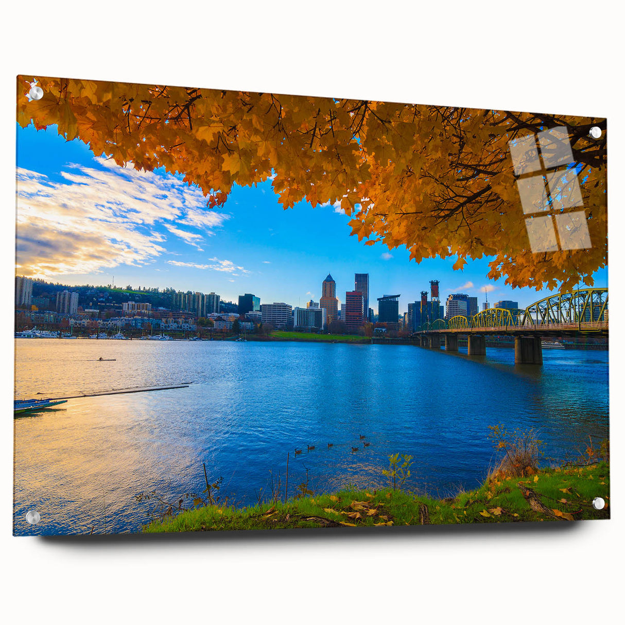 Acrylic print of a large abstract depiction of Portland, Oregon in muted green and blue tones.