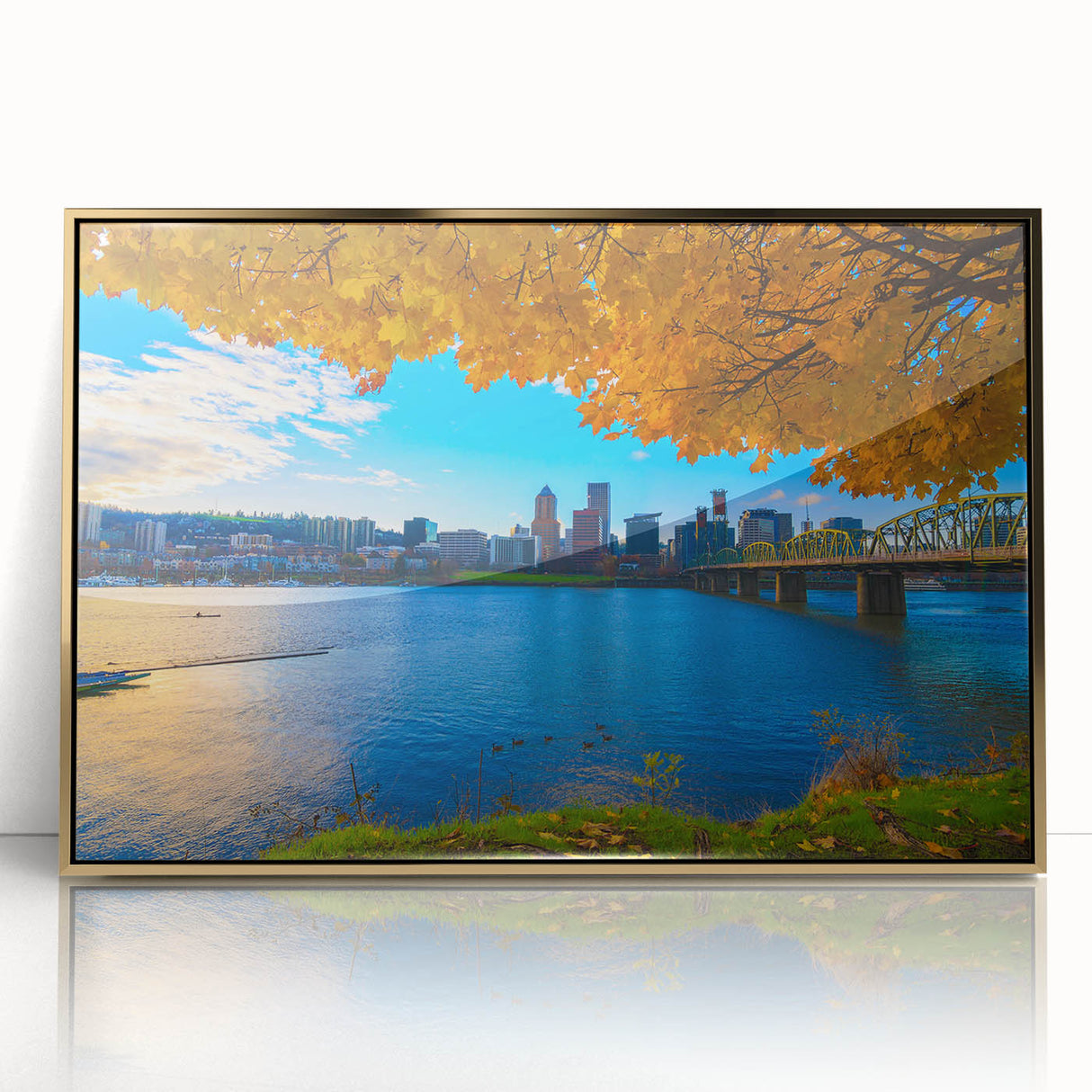 Mid-century modernist style large art print of Portland, Oregon, in muted earth tones on framed acrylic.