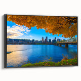 Black and white framed canvas of Portland, Oregon landscape, vintage poster style, ideal for bedroom decor.