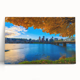 Black and white photograph of Portland, Oregon skyline on large stretched canvas.