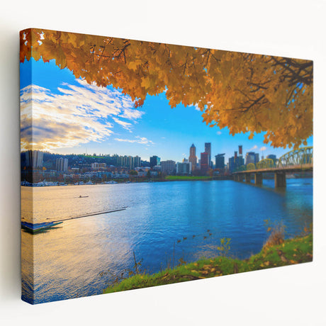 Portland, Oregon skyline in muted gray and blue tones on a large stretched canvas, ideal for kitchen wall art.