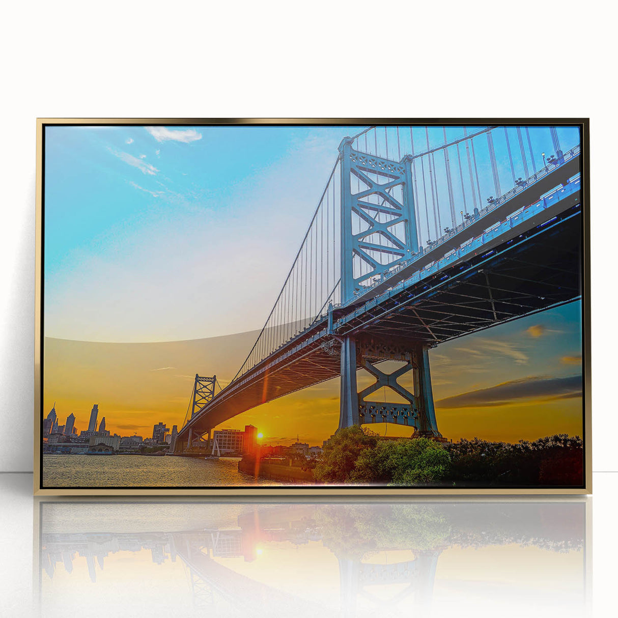 Framed acrylic print of Philadelphia skyline in gold and blue tones, ideal for modern art wall decor.