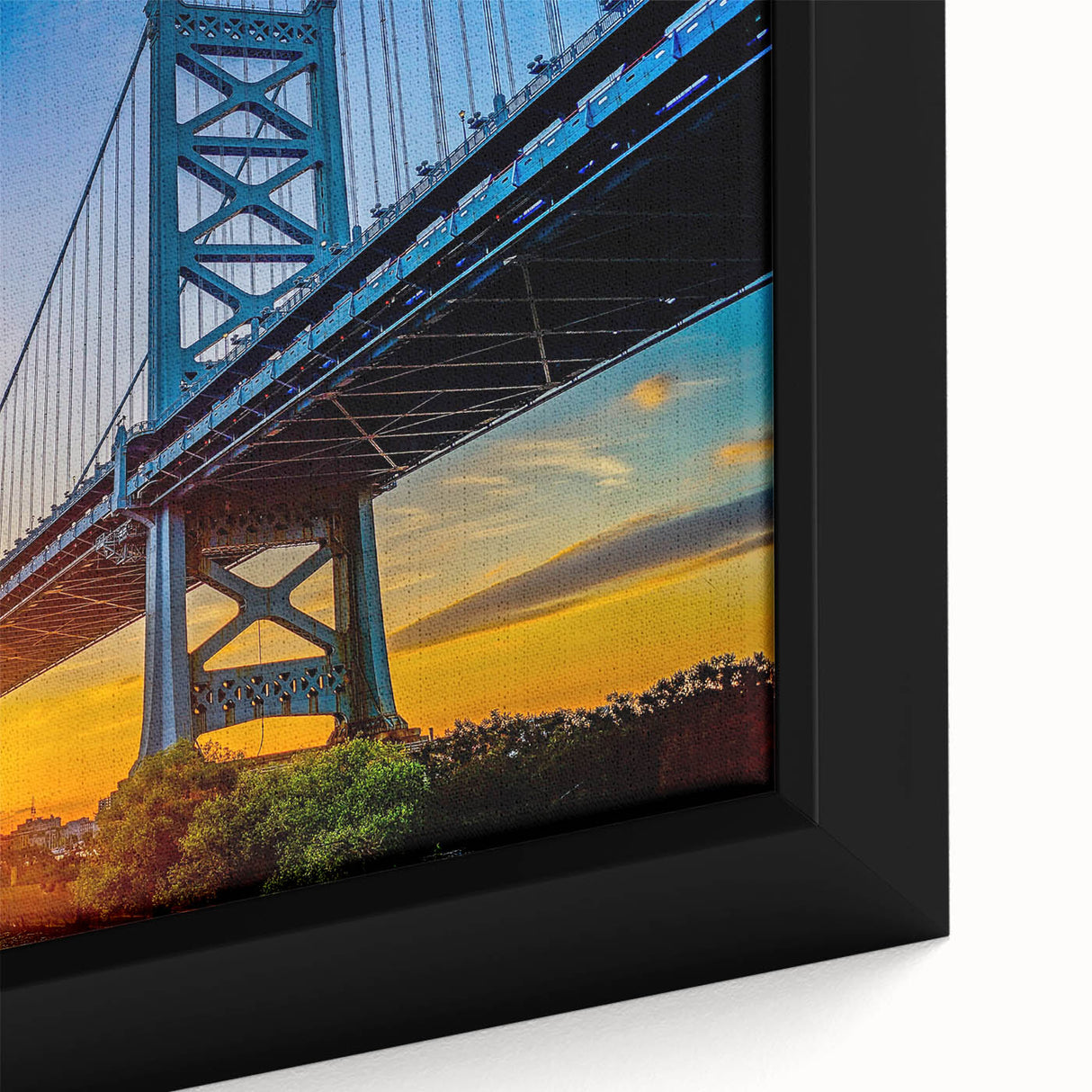 Black wall art featuring a textured depiction of Philadelphia's skyline in vibrant colors on extra large framed canvas.