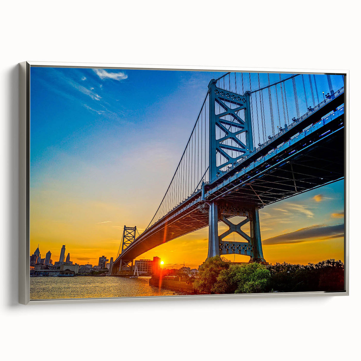 Framed canvas of a colorful Philadelphia landscape, featuring vintage poster art style, ideal for enhancing black wall decor.
