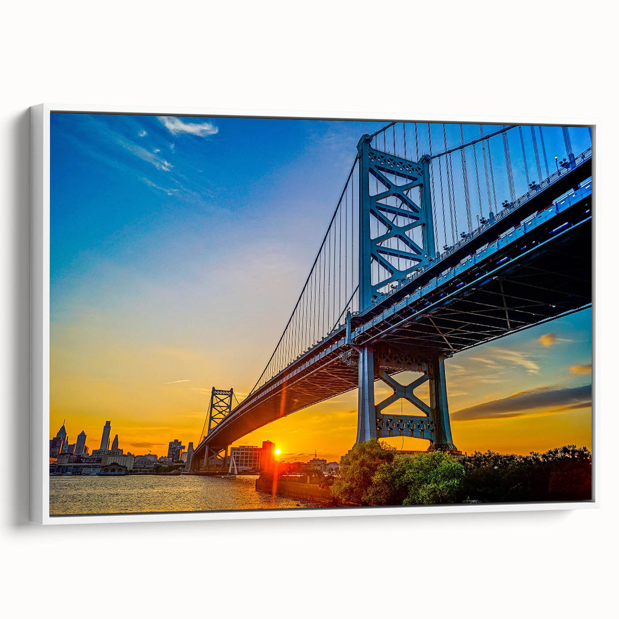 Vintage poster art of Philadelphia skyline in colorful hues on extra large, framed canvas, ideal for living room decor.