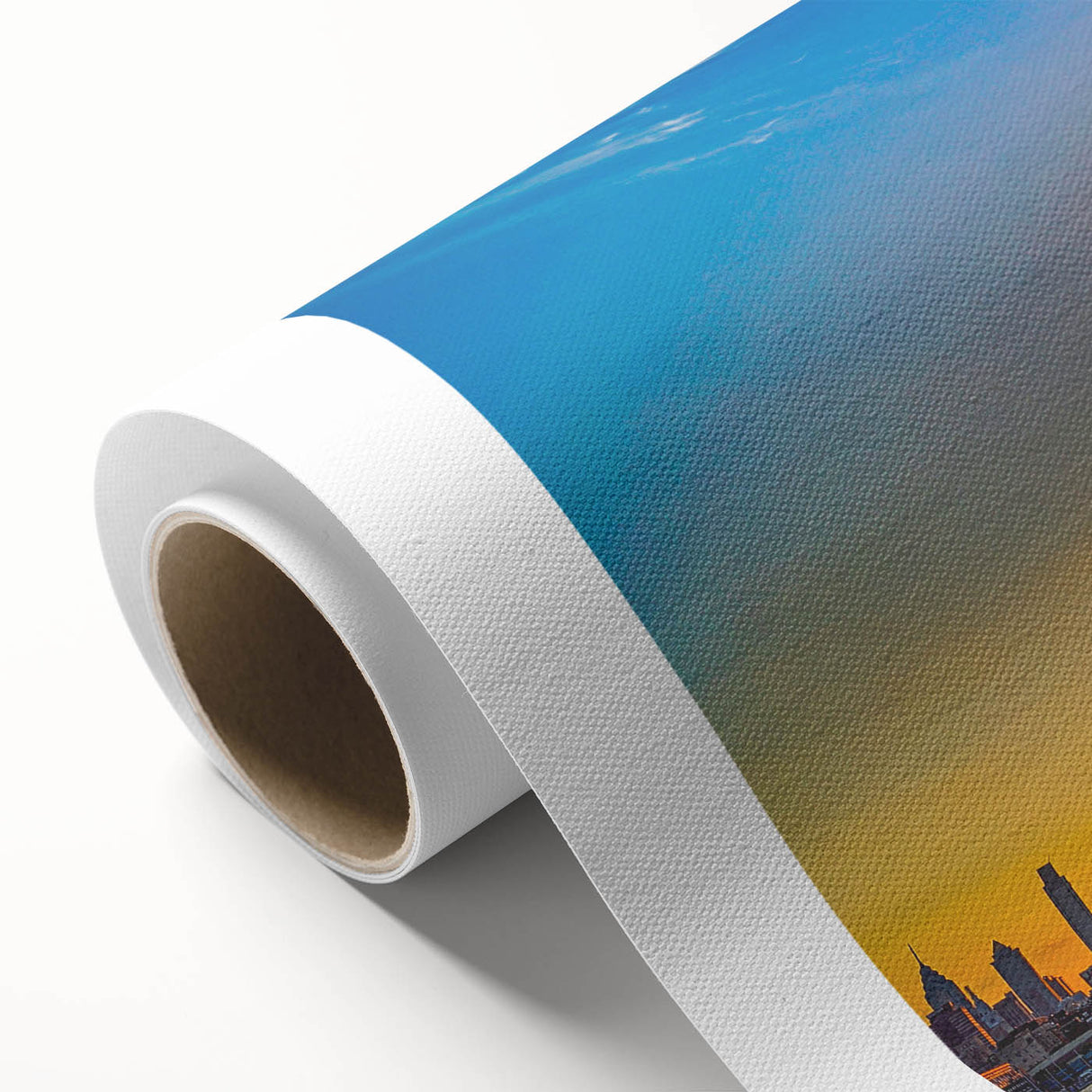 Art deco poster of Philadelphia skyline in muted colors on rolled canvas, ideal for nursery wall art.