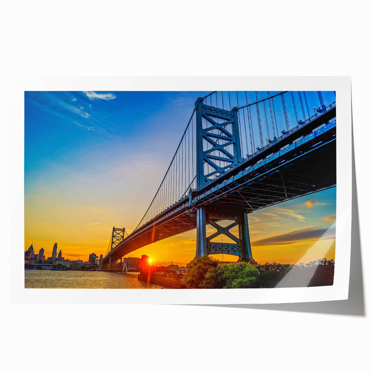 Philadelphia skyline in muted gray and blue tones on a large rolled canvas, suitable for dining room decor.