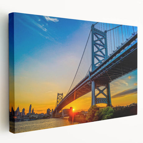 Philadelphia skyline in muted gray and blue tones on stretched canvas, ideal for kitchen wall art.