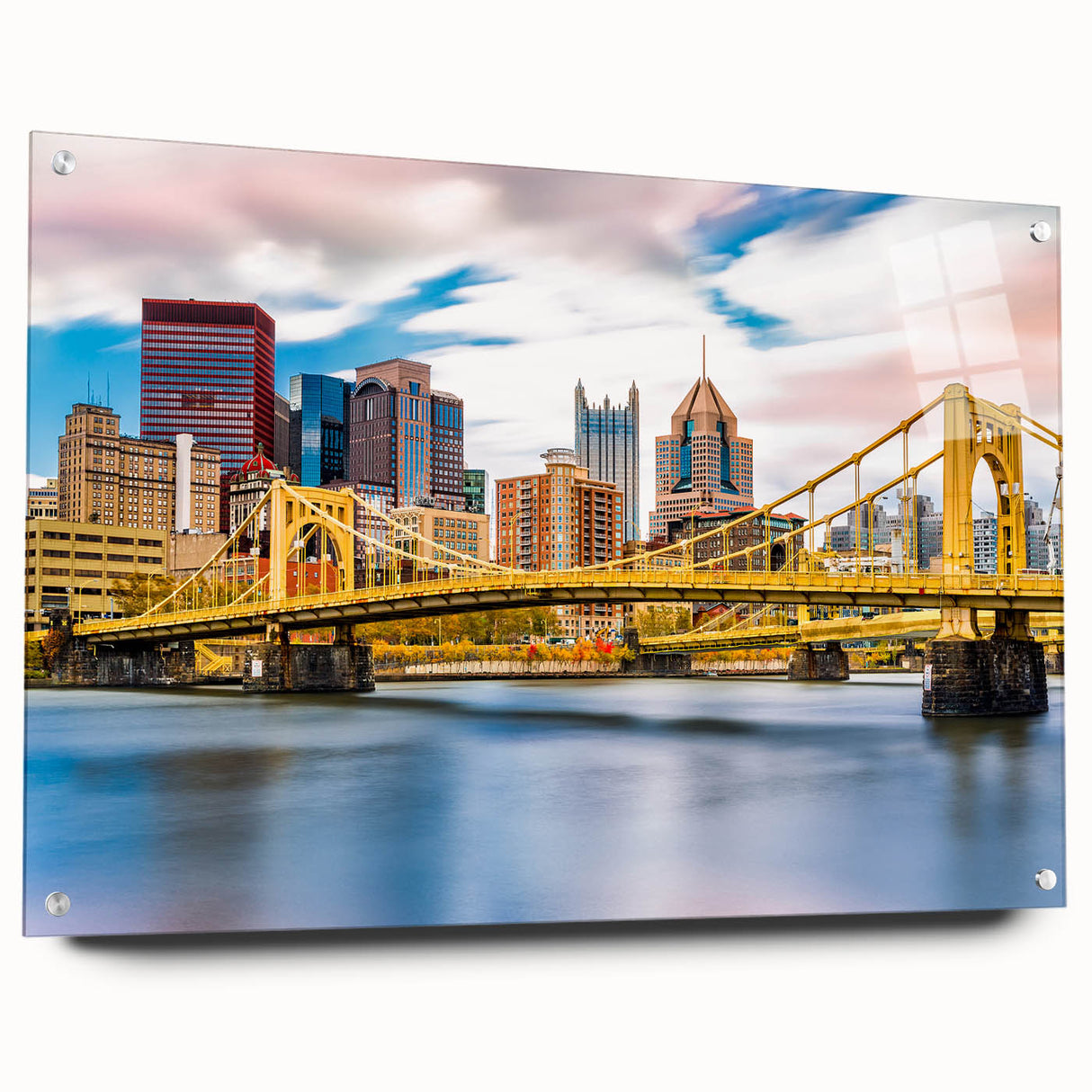 Large abstract depiction of the Pittsburgh skyline in muted gray and blue tones on acrylic glass.
