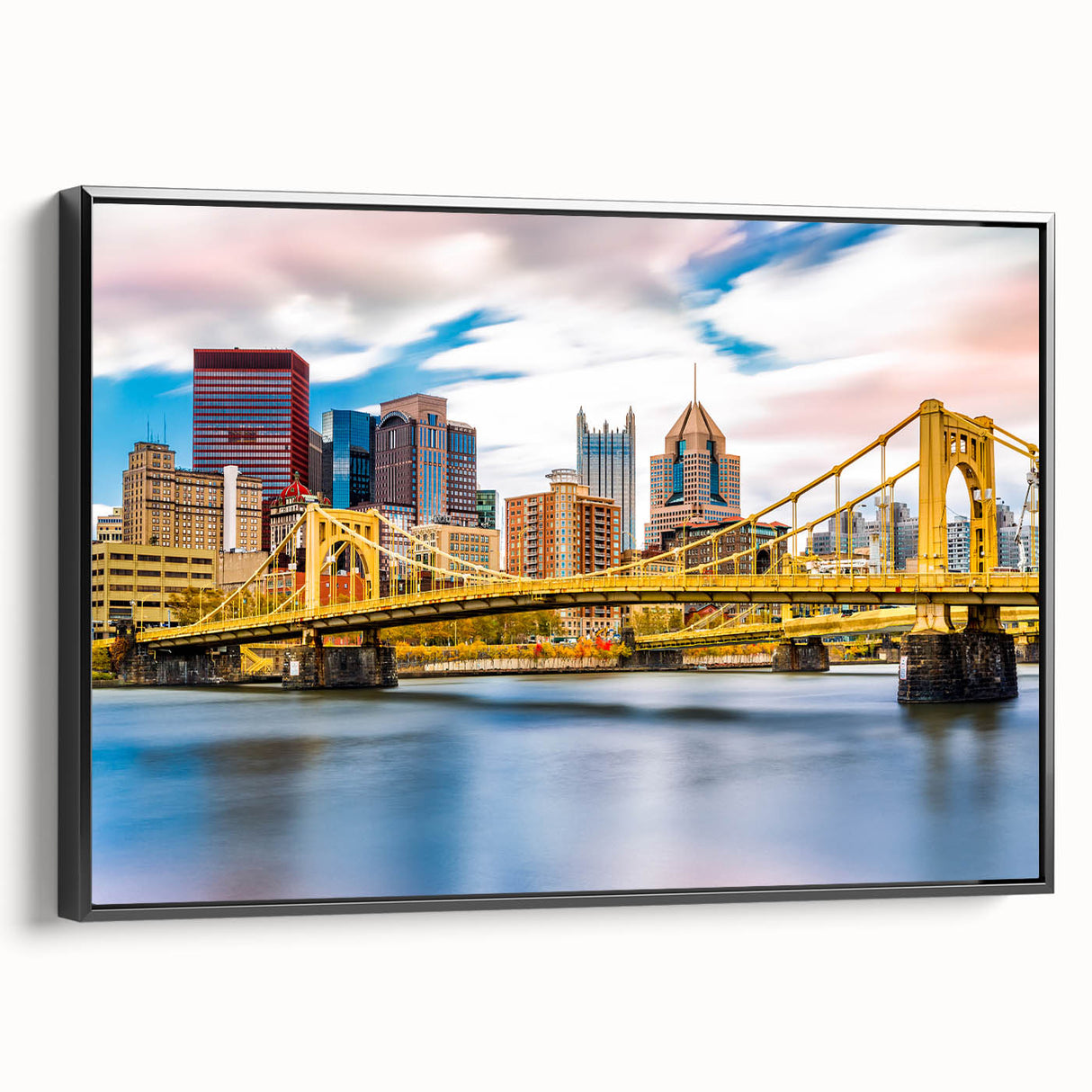 Framed canvas of black and white Pittsburgh landscape, ideal for bedroom wall art.