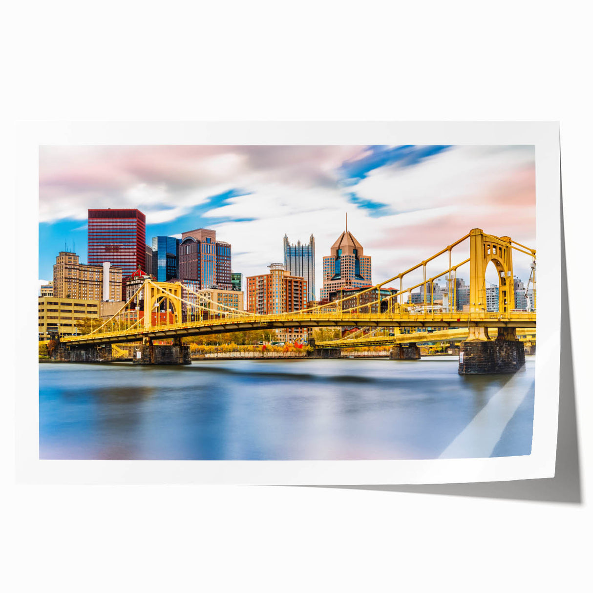 Rolled print of Pittsburgh skyline with muted gray and blue tones, ideal for art wall dining room.