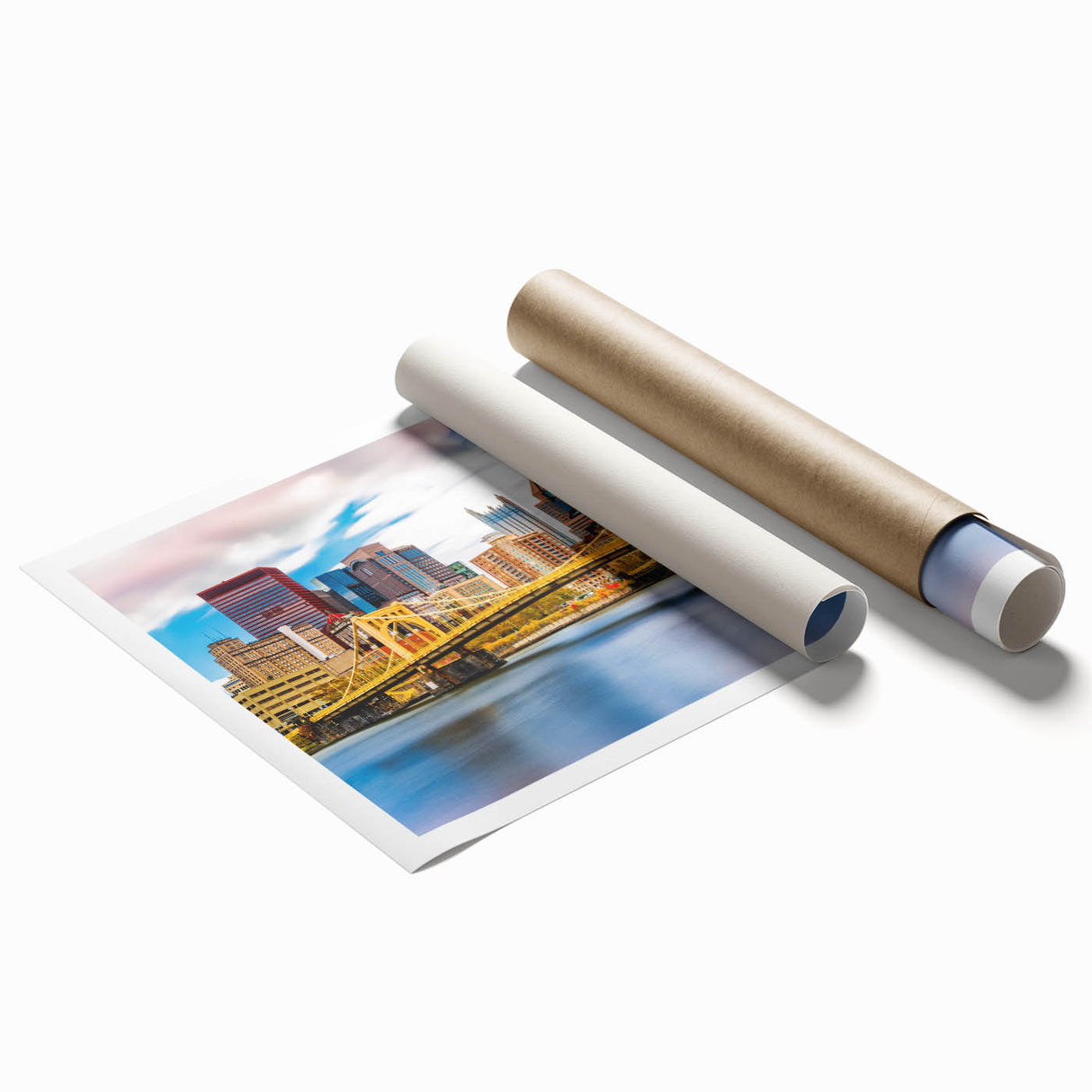 Rolled print of Pittsburgh skyline with pastel shades, ideal for classy bathroom wall art.