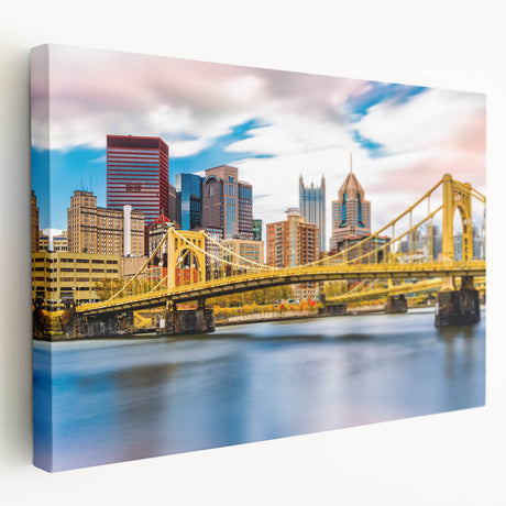 Side view of a stretched canvas depicting the Pittsburgh skyline in muted gray and blue tones, ideal for kitchen wall decor.