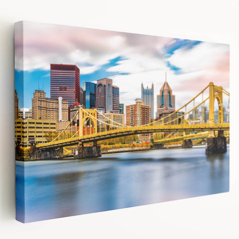Side view of a stretched canvas depicting the Pittsburgh skyline in muted gray and blue tones, ideal for kitchen wall decor.