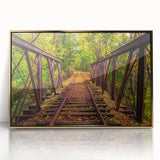 Framed acrylic print of a Pennsylvania scenery in mid-century modernist style, featuring muted earth tones.