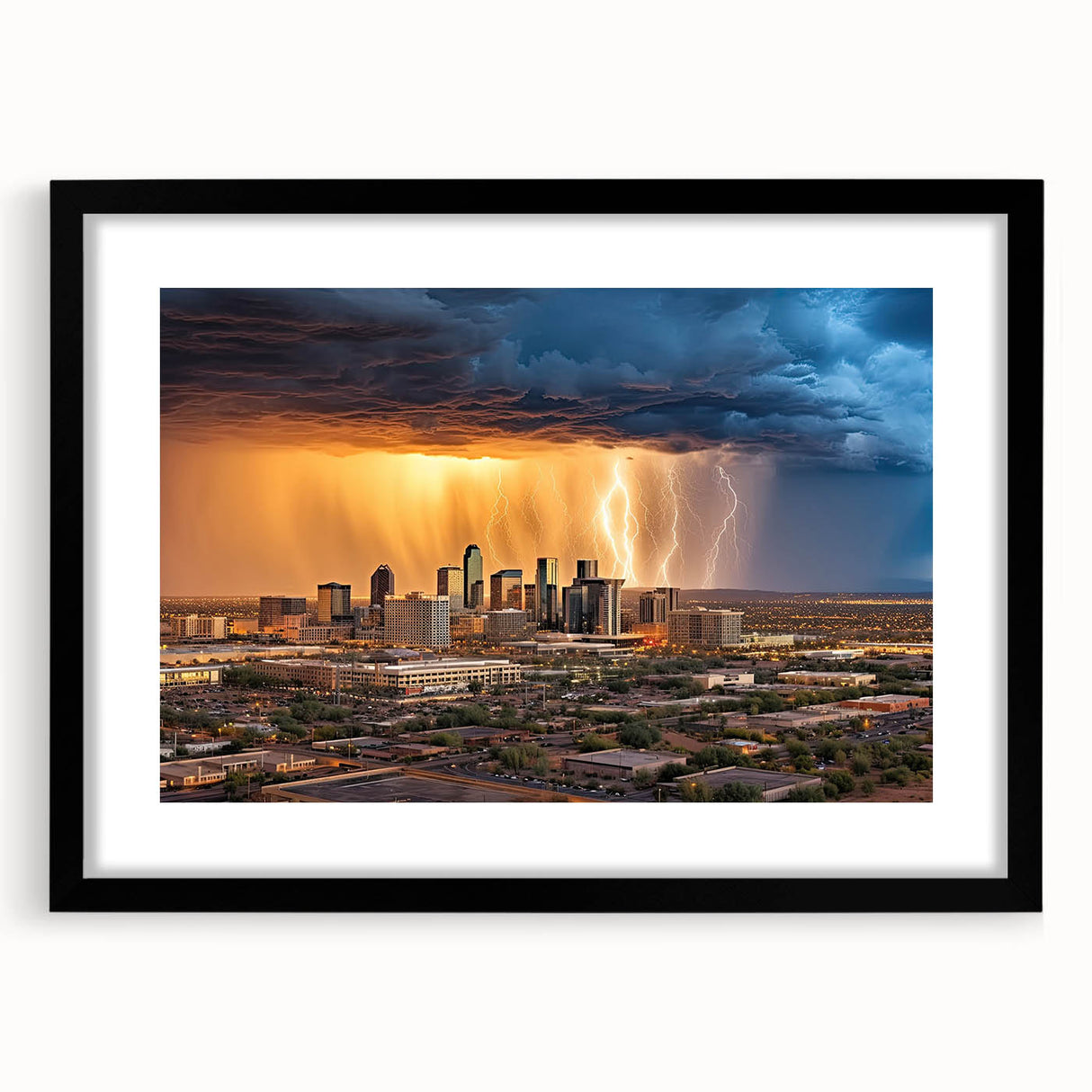 Extra large abstract art print of Phoenix Valley in vibrant colors on textured canvas, framed in black.