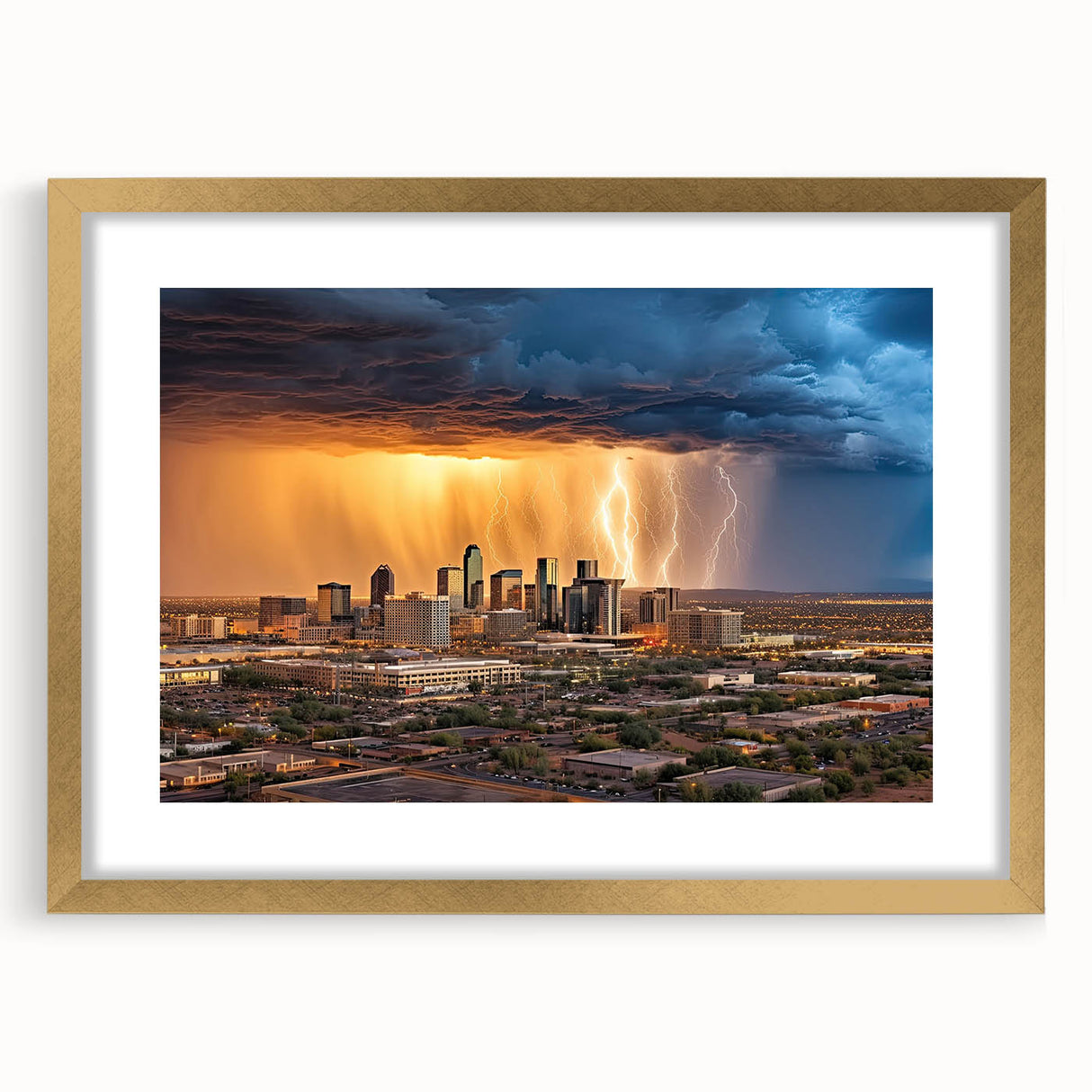 Extra large abstract art print of Phoenix Valley in textured gold frame, featuring muted earth tones.