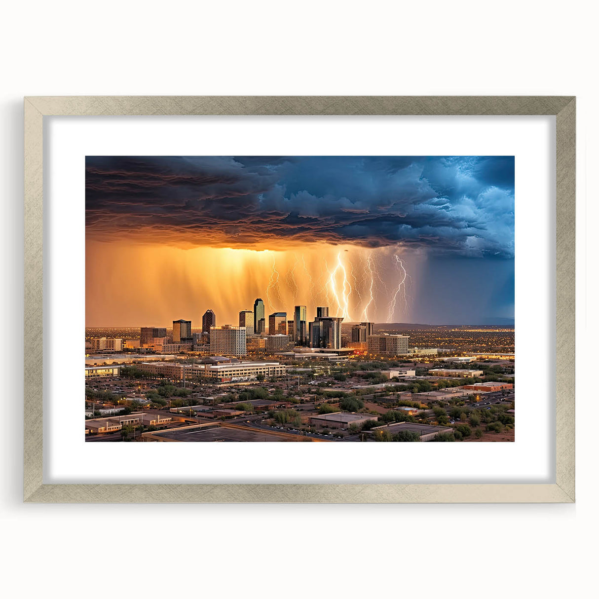Textured art print of Phoenix Valley in abstract style, muted earth tones, framed in silver, ideal for bedroom decor.
