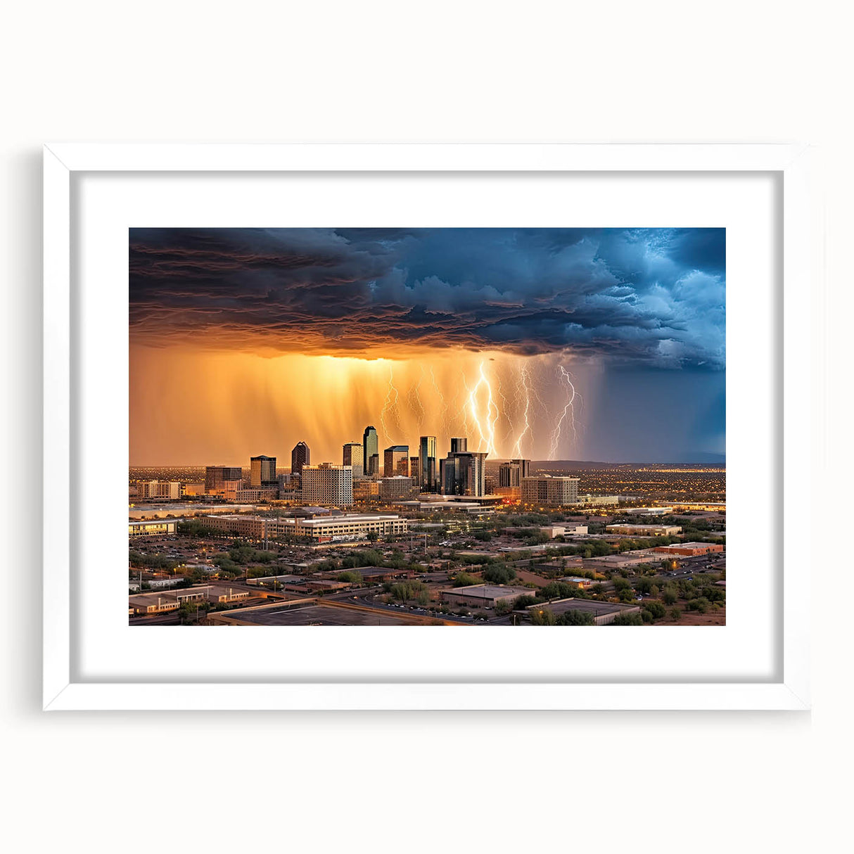 Abstract art print of Phoenix Valley in muted earth tones on a framed white canvas, ideal for dining room decor.