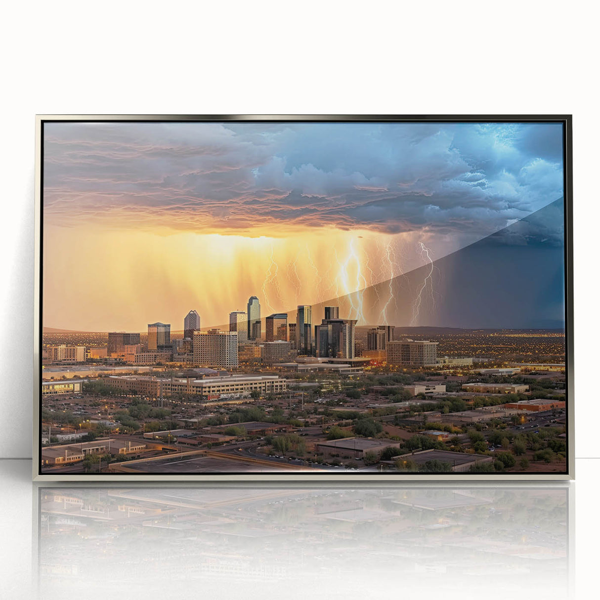 Mid-century modernist art depicting Phoenix Valley in muted earth tones, framed acrylic, suitable for nursery wall decor.