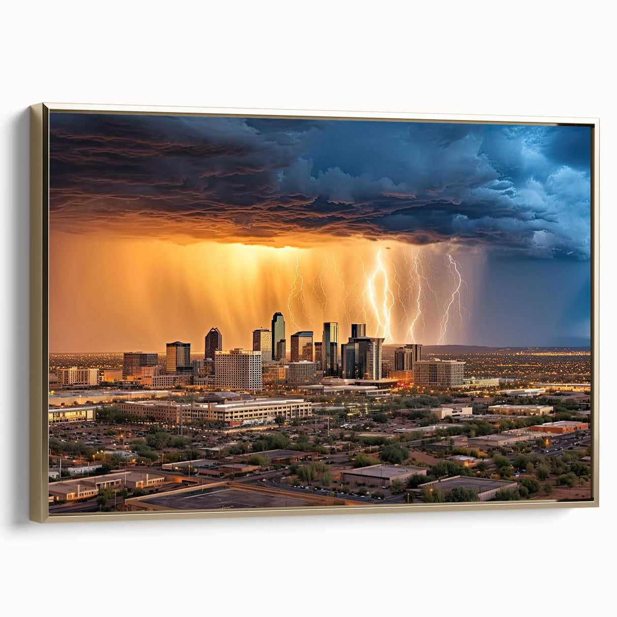 Framed canvas featuring a vintage-style landscape painting of the Phoenix Valley in muted gold and black tones.