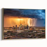 Framed canvas featuring a vintage-style landscape painting of the Phoenix Valley in muted gold and black tones.
