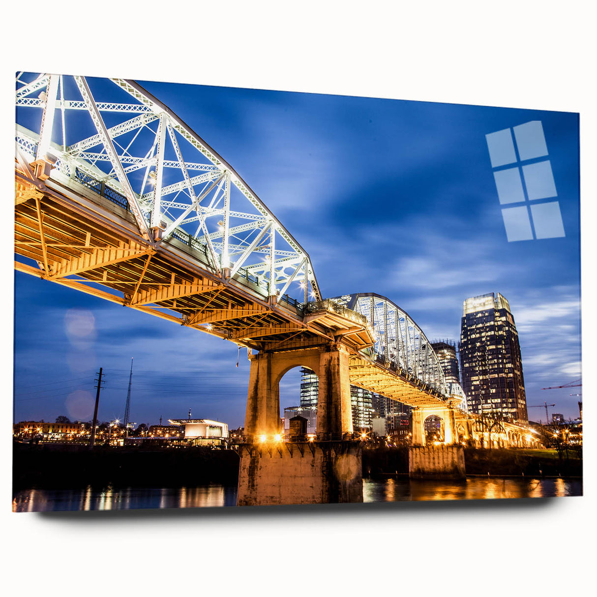 Large abstract wall art of Nashville skyline in muted blue tones on acrylic glass, ideal for bedroom or dining room decor.