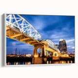 Vintage poster art of Nashville skyline in vibrant colors on a large framed canvas, suitable for living room decor.