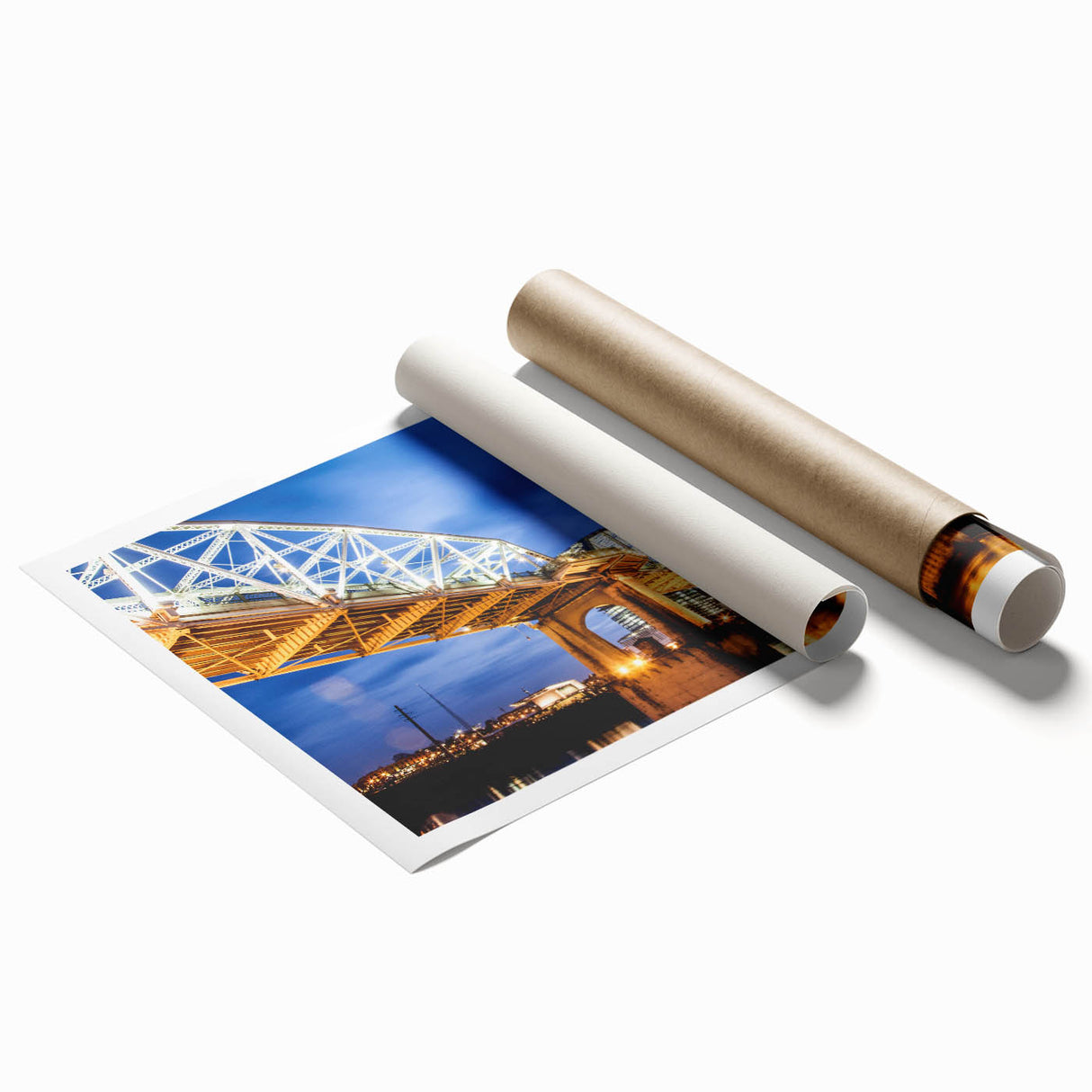 Rolled print of Nashville skyline in muted watercolor tones on canvas, suitable for large living room or bathroom decor.