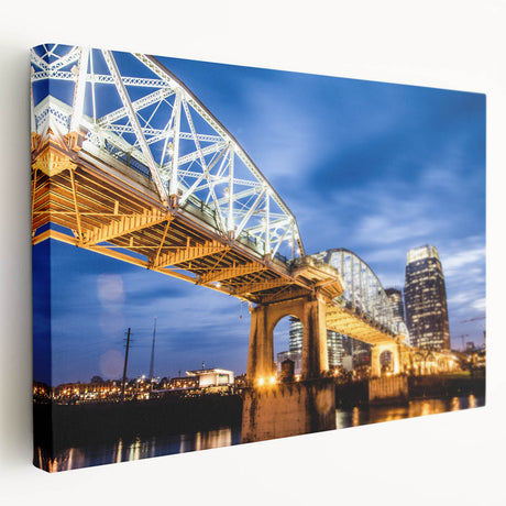 Large art print of Nashville skyline with muted earth tones on stretched canvas, suited for kitchen wall art.