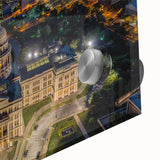 Large abstract wall art of Austin, Texas skyline in muted colors on acrylic glass, ideal for dining room art.