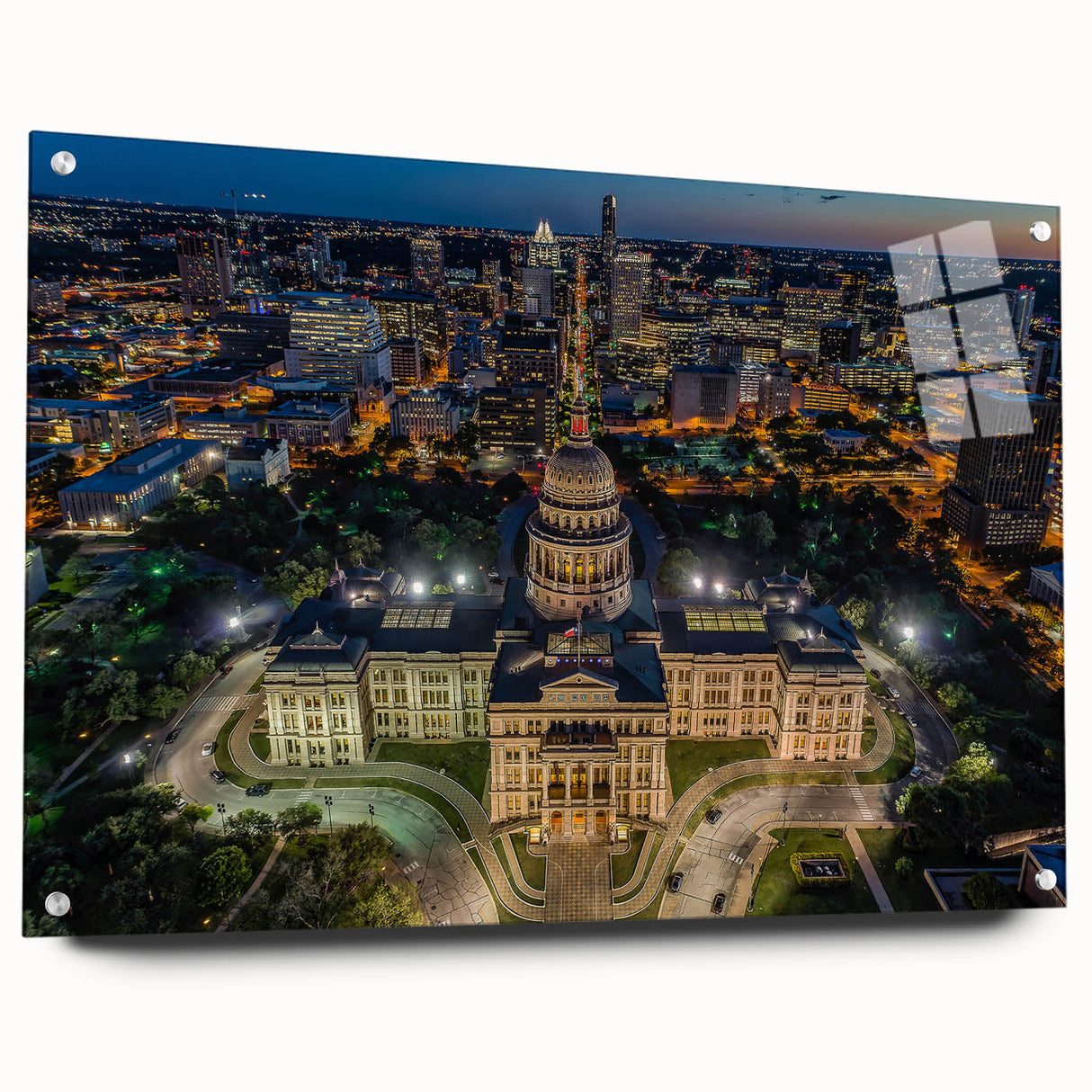 Acrylic print of the Austin, Texas skyline depicted in vibrant twilight hues, suitable for bedroom or dining room decor.