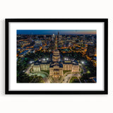 Abstract art print featuring a colorful, textured depiction of the Austin skyline on a large framed canvas.