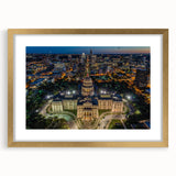 Extra large abstract art print of Austin skyline in textured gold frame, featuring muted earth tones.