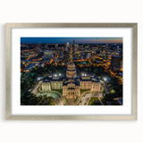 Textured abstract art print depicting a muted color palette of Austin's skyline, framed in silver, ideal for bedroom decor.
