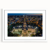 Abstract art print of Austin skyline in muted blue and gray tones on a framed white mat, ideal for dining room decor.