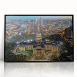 Large abstract wall art depicting the Austin, Texas skyline in muted gray and blue tones on framed acrylic.