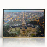 Large art print of Austin, Texas skyline in muted gold and blue tones on framed acrylic, suitable for modern art wall decor.