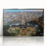 Mid-century modernist art depicting the Austin, Texas skyline in muted gray and blue tones on a framed acrylic print.