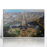 Acrylic print of Austin, Texas skyline in art deco style, featuring muted blue and white tones.