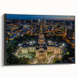 Black and white framed canvas of Austin, Texas landscape in vintage poster style, ideal for bedroom wall decor.