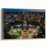 Framed canvas depicting a vintage-style landscape of Austin, Texas in black and gold tones, suitable for bedroom wall art.