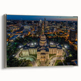 Framed canvas featuring a vintage poster-style landscape art painting of Austin, Texas.